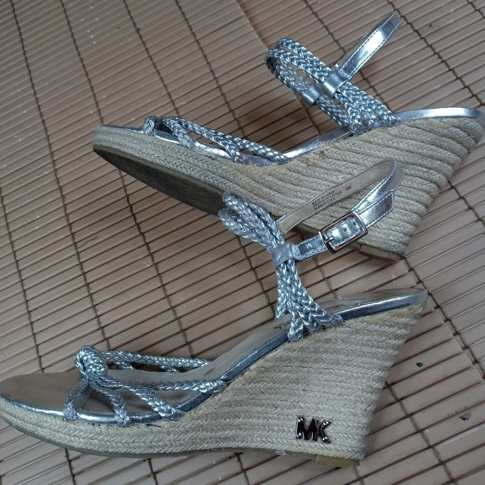 Michael Kors women's platform espadrille braided silver buckle straps. 4